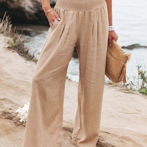 Women's casual pants with drawstring, mid waist, beach wide leg, spring and summer, European and American pants