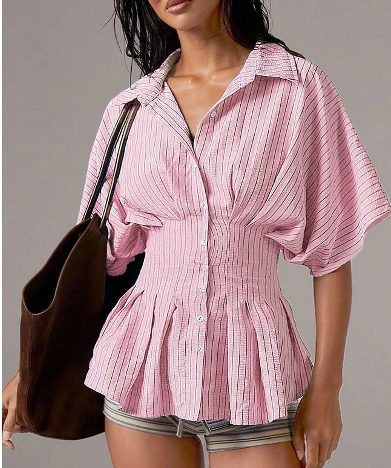 Women's Striped Peplum Blouse Summer Lapel Button Half Sleeve Slim Waist Shirt Pleated Flared Hem Stylish Casual Office Lady Top