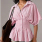 Women's Striped Peplum Blouse Summer Lapel Button Half Sleeve Slim Waist Shirt Pleated Flared Hem Stylish Casual Office Lady Top