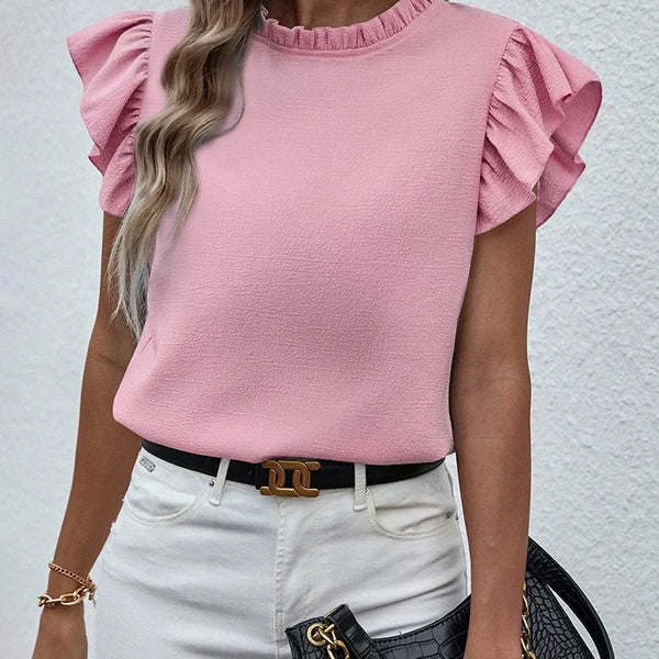 Elegant Ruffles Sleeveless O Neck Loose Blouse Women Summer Casual Solid Shirt Office Lady Chic Simple Luxury Tops Streetwear