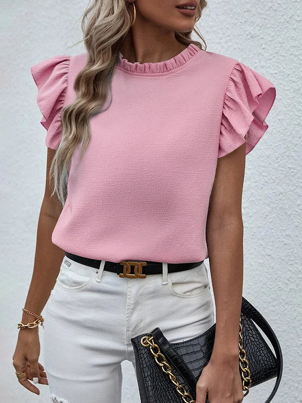 Elegant Ruffles Sleeveless O Neck Loose Blouse Women Summer Casual Solid Shirt Office Lady Chic Simple Luxury Tops Streetwear