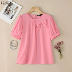 2026 Summer Blouse ZANZEA Women Elegant Office Work Shirts O Neck Short Sleeve Tops Casual Solid Shirt Bow Blusas Mujer Oversize