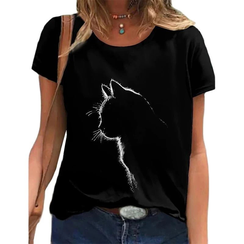 Women's T Shirt Fashion Blouse Short Sleeve T Shirt For Women 3d Cat Print Black Kawaii T Shirt Women's Oversized Summer Top