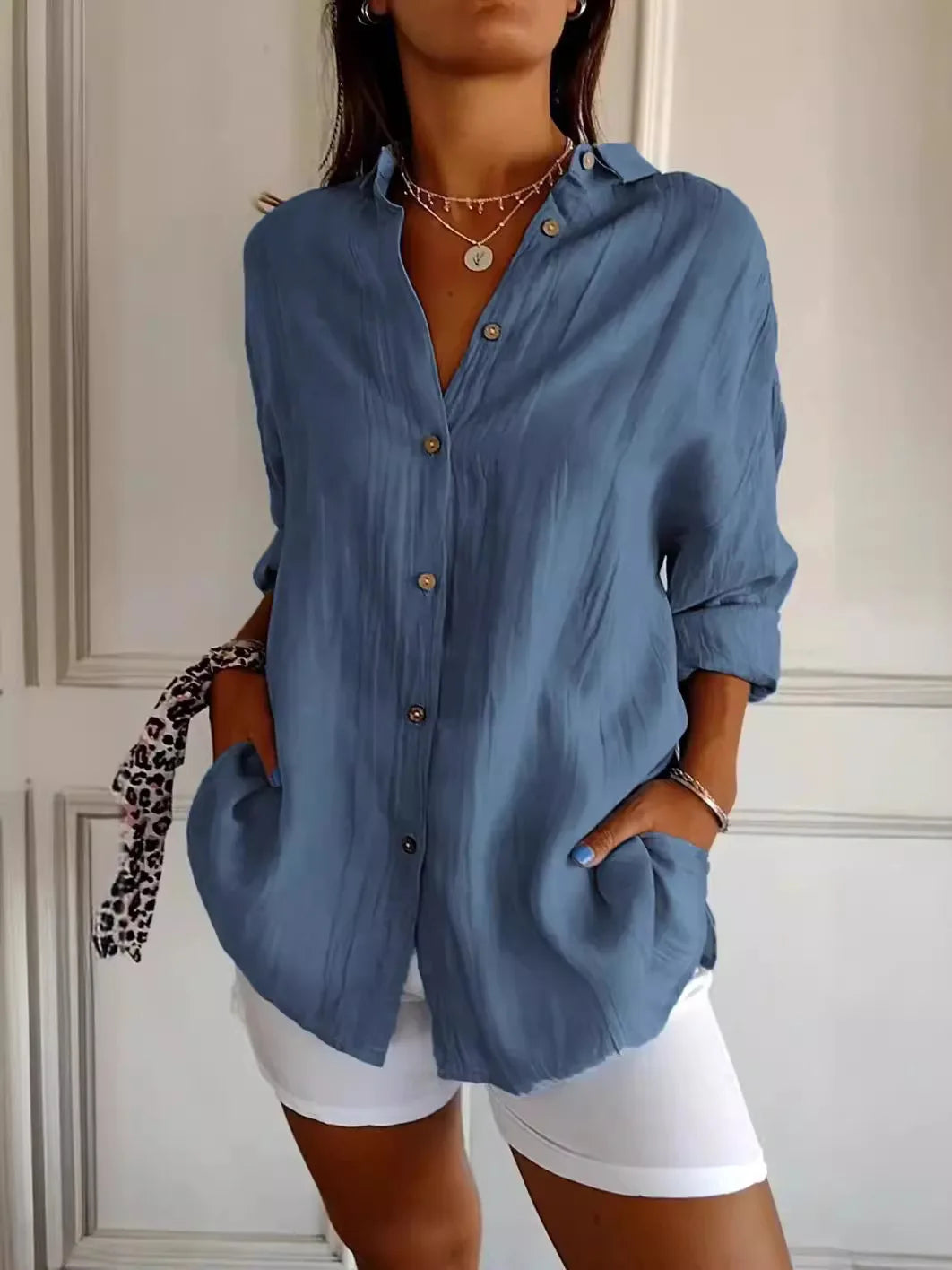New Women's Shirt Casual Lapel Pleated Single-Breasted Button Solid Color Shirt Office Street Tops Blouses for Female