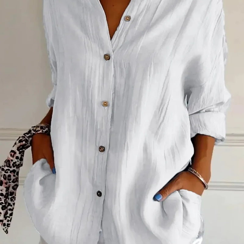 New Women's Shirt Casual Lapel Pleated Single-Breasted Button Solid Color Shirt Office Street Tops Blouses for Female