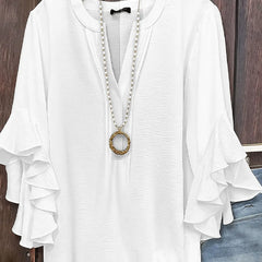 Women's Fashion Loose Chiffon Blouse V Neck Lotus Leafthree-quarters Sleeve Shirt Solid Color Business Casual Shirt Elegant Top