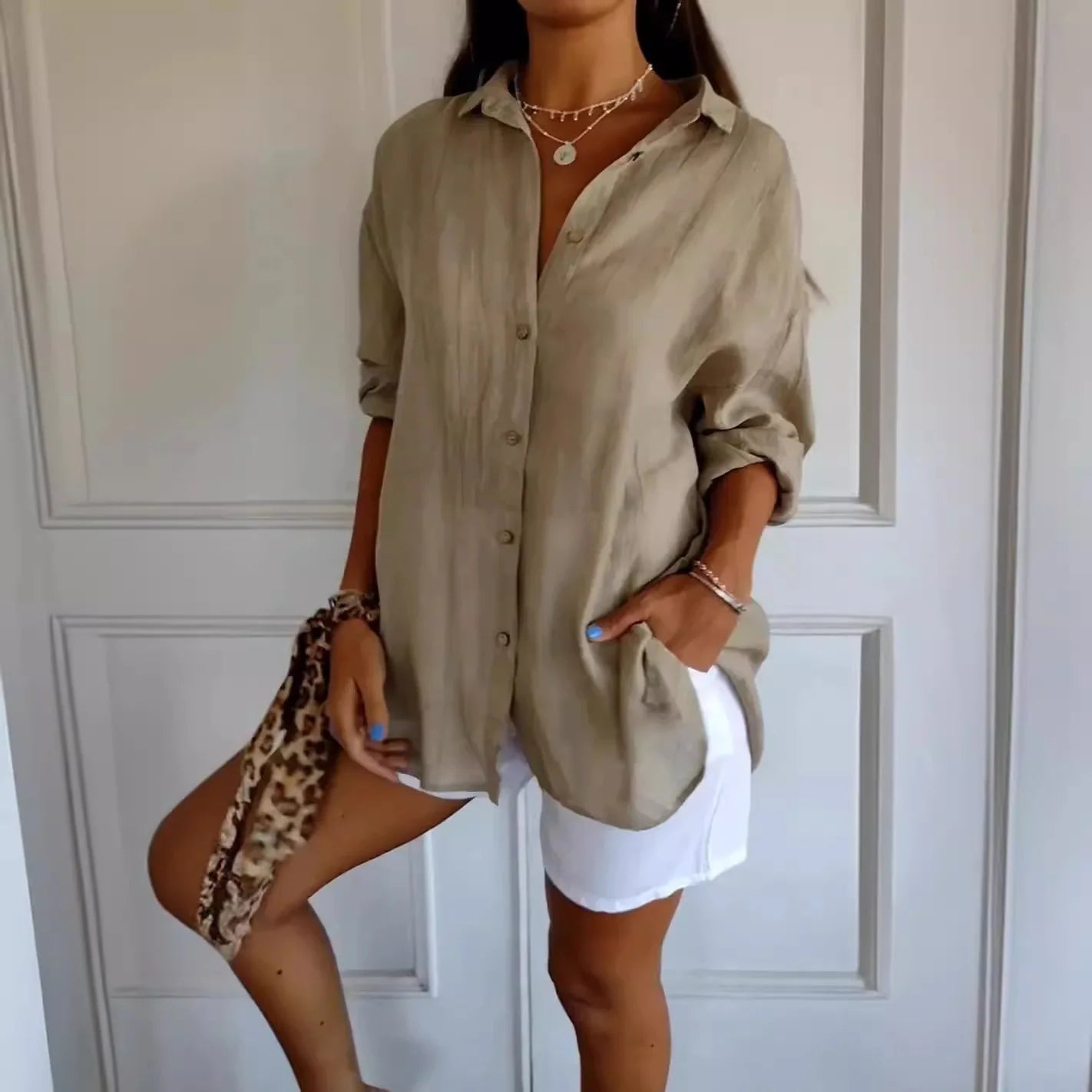 New Women's Shirt Casual Lapel Pleated Single-Breasted Button Solid Color Shirt Office Street Tops Blouses for Female