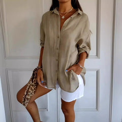 New Women's Shirt Casual Lapel Pleated Single-Breasted Button Solid Color Shirt Office Street Tops Blouses for Female