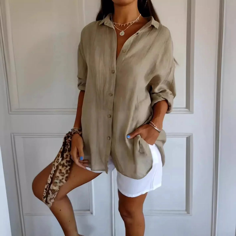 New Women's Shirt Casual Lapel Pleated Single-Breasted Button Solid Color Shirt Office Street Tops Blouses for Female