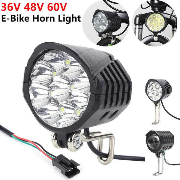 E-Bike Horn Light 2in1 9LED 18W Headlight with Horn and Light Switch for 36V 48V 60V Electric Scooter Bicycle Safety Flashlight