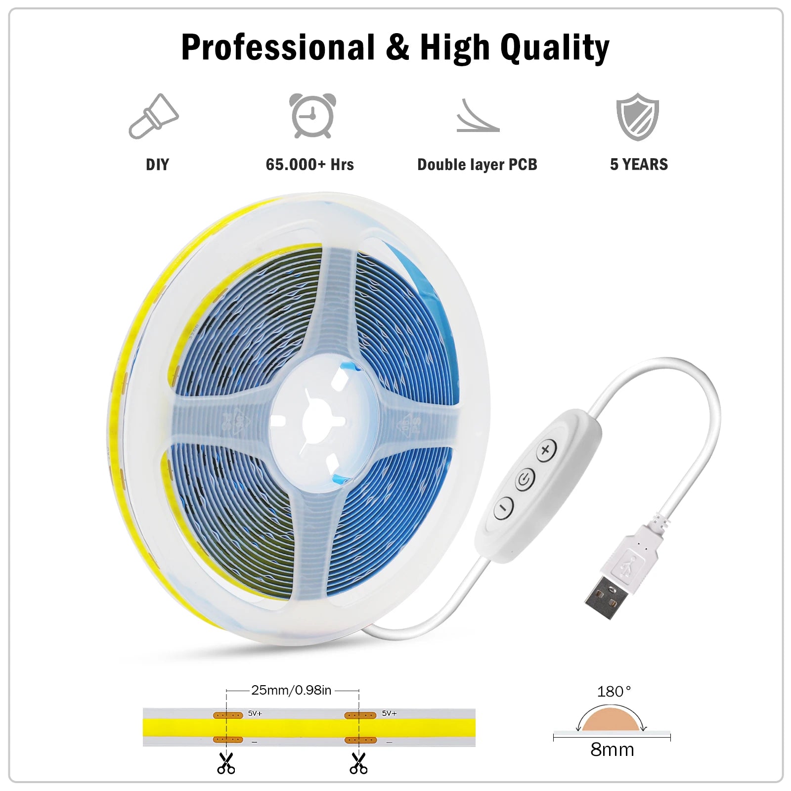 LED Light Strip USB With 3Keys Switch Dimmable DC5V COB 320Leds/m Blue/White/Red/Green Flex Adhesive Tape Night Lighting  3/5M