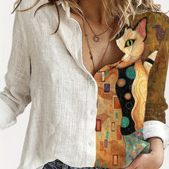 Women's Shirt Fashion Clashing Color Patchwork Shirt Top Temperament Sense Long Sleeve Cat Shirt 2023 Autumn Brand Design Shirt