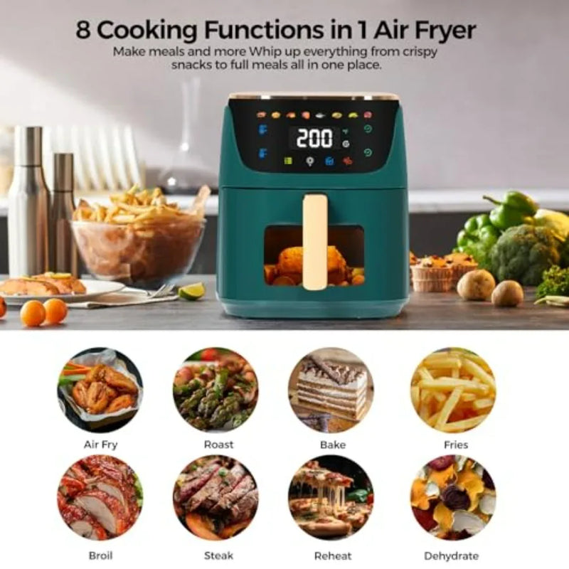 8QT Large Air Fryer with 8 Preset Menus One-Touch Digital Control Touchscreen Display Nonstick Green Finish Dishwasher Safe Com