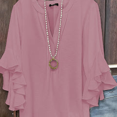 Women's Fashion Loose Chiffon Blouse V Neck Lotus Leafthree-quarters Sleeve Shirt Solid Color Business Casual Shirt Elegant Top