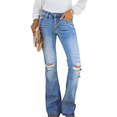 Womens Ripped Jeans Mid Waisted Four-Buttoned Slim Flared Pants Y2k Fashion 2025 Daily Versatile Light Blue Denim Bootcut Pants