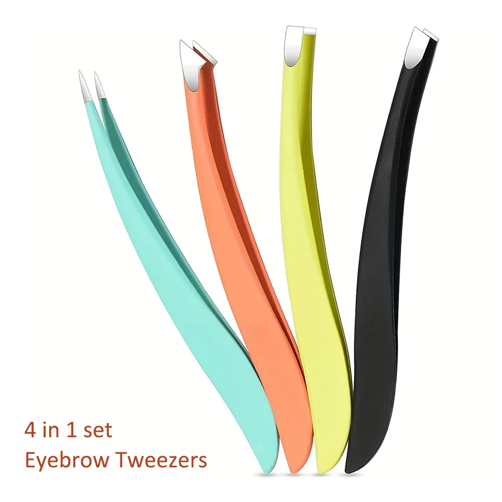 Ouriner Eyebrow Tweezers Set 4 Pcs Stainless Steel Eyebrow Forceps Professional Beauty Tool Set For Facial Hair Inward Growing