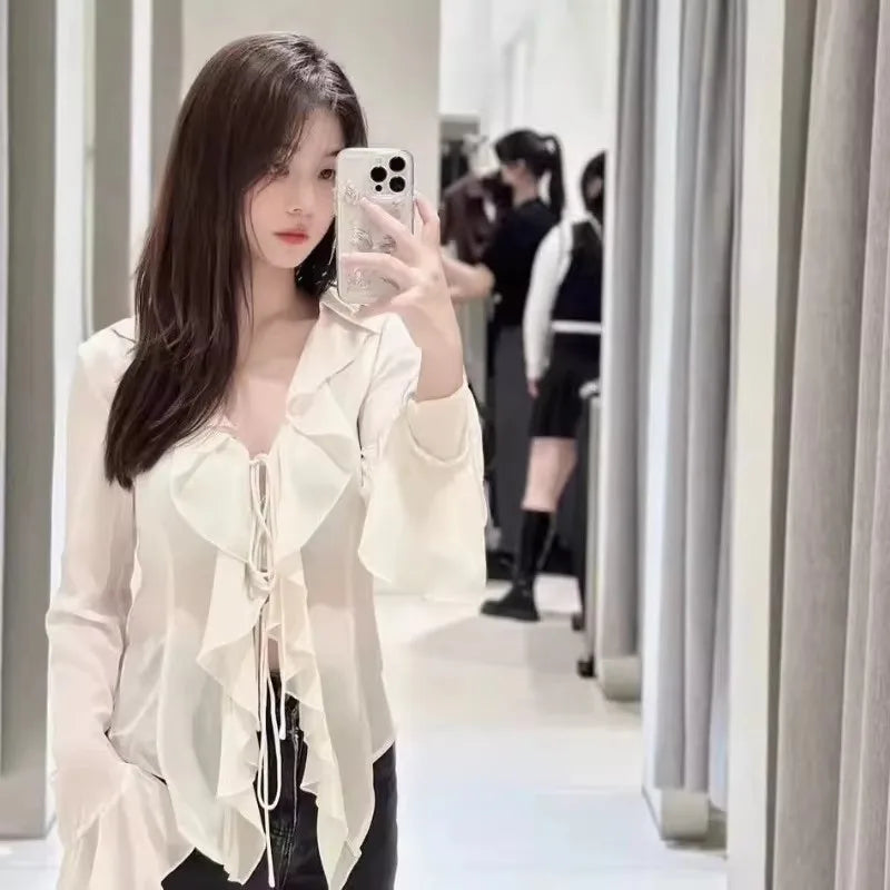 All-match Lace-Up Blouses for Women Spring 2025 Women Solid Long Sleeve V Neck Ruffle Shirt Office Casual Blouse Blusas Mujer