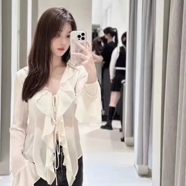 All-match Lace-Up Blouses for Women Spring 2025 Women Solid Long Sleeve V Neck Ruffle Shirt Office Casual Blouse Blusas Mujer