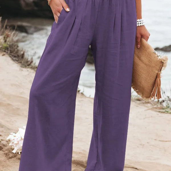 Women's casual pants with drawstring, mid waist, beach wide leg, spring and summer, European and American pants