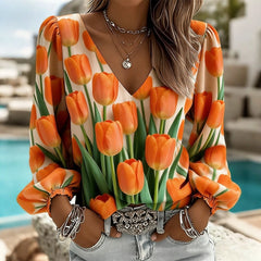 Women's V Neck Puff Sleeve Blouse Chic Blue Hydrangea Floral Print Lightweight Flowy Casual Top Breathable Vacation Office Shirt