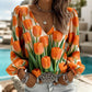 Women's V Neck Puff Sleeve Blouse Chic Blue Hydrangea Floral Print Lightweight Flowy Casual Top Breathable Vacation Office Shirt