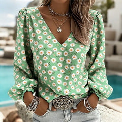 Women's V Neck Puff Sleeve Blouse Chic Blue Hydrangea Floral Print Lightweight Flowy Casual Top Breathable Vacation Office Shirt