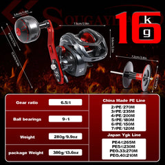 Sougayilang CDS 400 Baitcasting Reel 6.5:1 Gear Ratio 9+1 BB Carbon Fiber Body Max Drag 16KG Single Power Handle Fishing Reel