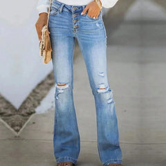 Womens Ripped Jeans Mid Waisted Four-Buttoned Slim Flared Pants Y2k Fashion 2025 Daily Versatile Light Blue Denim Bootcut Pants