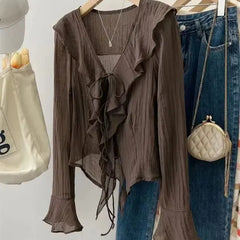 All-match Lace-Up Blouses for Women Spring 2025 Women Solid Long Sleeve V Neck Ruffle Shirt Office Casual Blouse Blusas Mujer