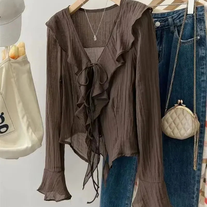 All-match Lace-Up Blouses for Women Spring 2025 Women Solid Long Sleeve V Neck Ruffle Shirt Office Casual Blouse Blusas Mujer