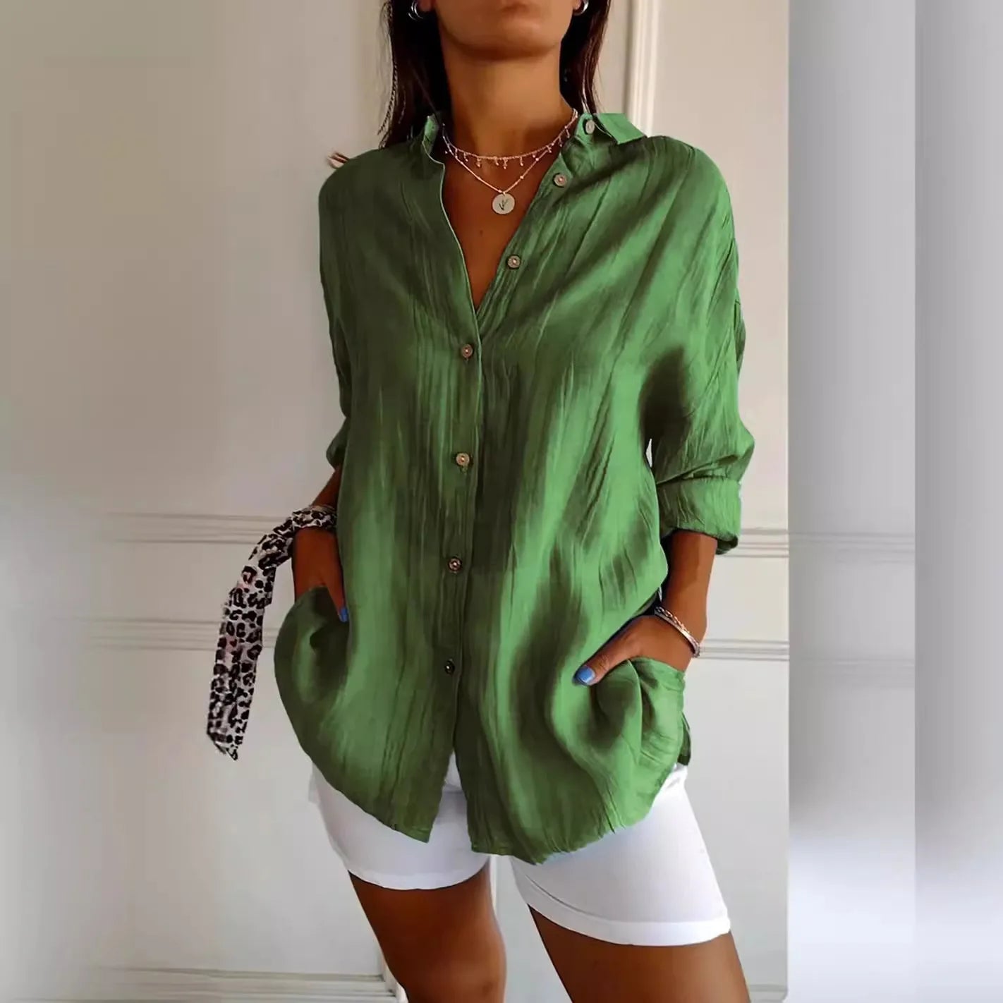 New Women's Shirt Casual Lapel Pleated Single-Breasted Button Solid Color Shirt Office Street Tops Blouses for Female