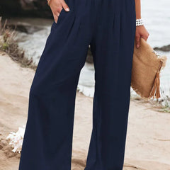 Women's casual pants with drawstring, mid waist, beach wide leg, spring and summer, European and American pants