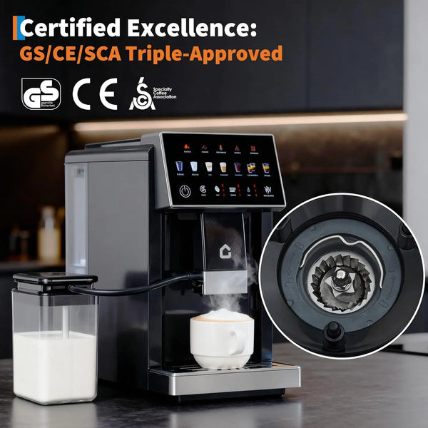 3rd-Gen Espresso Coffee Maker with Milk Frother - Removable Brewer & Grinder, Adjustable Coarseness/Flavor, Detachable Milk Tank