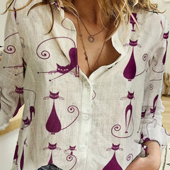 Women's Shirt Fashion Clashing Color Patchwork Shirt Top Temperament Sense Long Sleeve Cat Shirt 2023 Autumn Brand Design Shirt