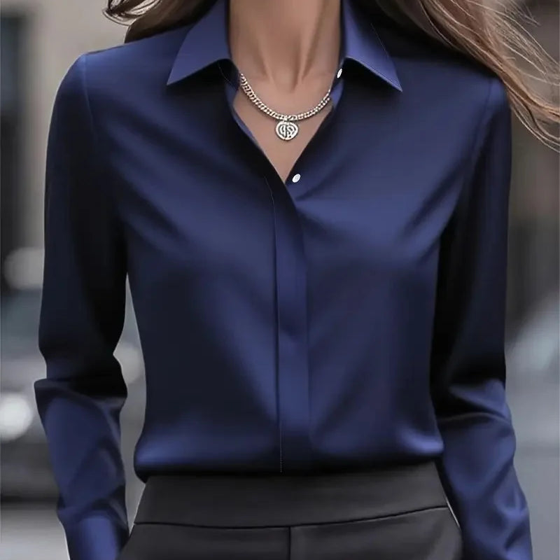 2025 New Women's Long-sleeved Shirt 10 Color Lapel Satin Button Cardigan Office Commuting Elegant Simple Top Basic Blouses