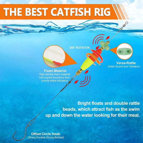 1Pcs Catfish Float Rigs Catfish Tackle Rattling Cork Peg Floats Bait Rigs with Rattle Beads Octopus Circle Hooks Crane Swivels