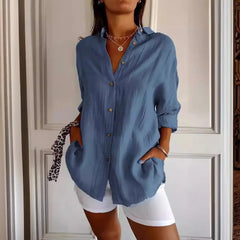 New Women's Shirt Casual Lapel Pleated Single-Breasted Button Solid Color Shirt Office Street Tops Blouses for Female