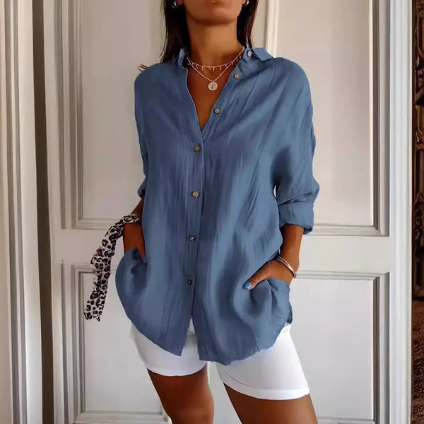 New Women's Shirt Casual Lapel Pleated Single-Breasted Button Solid Color Shirt Office Street Tops Blouses for Female