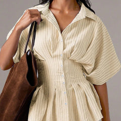 Women's Striped Peplum Blouse Summer Lapel Button Half Sleeve Slim Waist Shirt Pleated Flared Hem Stylish Casual Office Lady Top