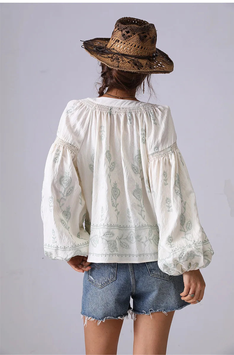 Bohemian Floral Embroidery Women Shirt Blouse Spring Summer Pink Green Long Lantern Sleeve Loose Vocation Style Ladies Tops New