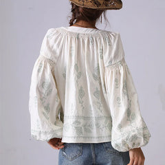 Bohemian Floral Embroidery Women Shirt Blouse Spring Summer Pink Green Long Lantern Sleeve Loose Vocation Style Ladies Tops New