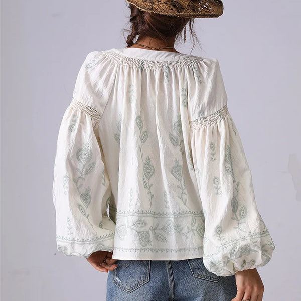 Bohemian Floral Embroidery Women Shirt Blouse Spring Summer Pink Green Long Lantern Sleeve Loose Vocation Style Ladies Tops New