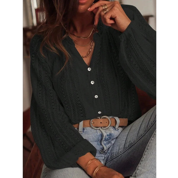 Women Autumn Blouses and Shirts Lace Hollow Out Long Sleeve V-neck Single Breasted Shirt Tops Blusas de mujer