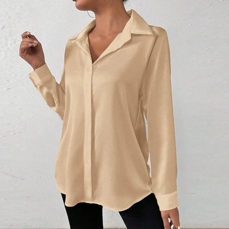 Women Long Sleeve Silk Shirt Female Fashion Turn Down Collar Button Blouse Women Elegant Satin Tops Office Lady Shirt