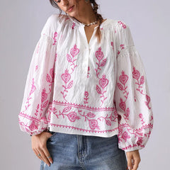 Bohemian Floral Embroidery Women Shirt Blouse Spring Summer Pink Green Long Lantern Sleeve Loose Vocation Style Ladies Tops New