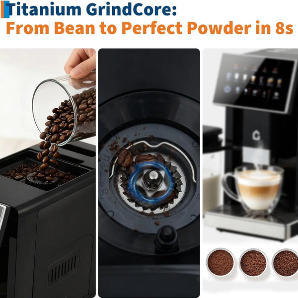 3rd-Gen Espresso Coffee Maker with Milk Frother - Removable Brewer & Grinder, Adjustable Coarseness/Flavor, Detachable Milk Tank