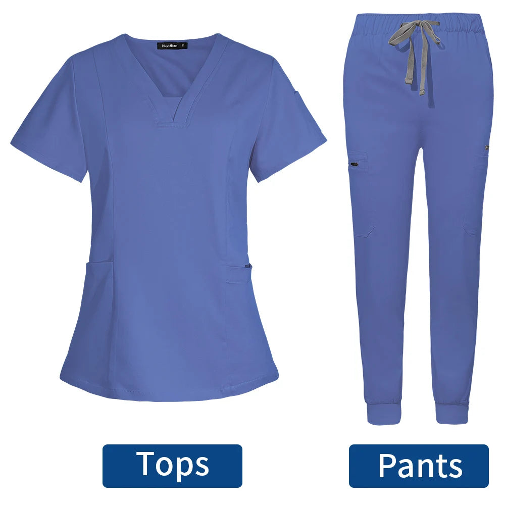 Short Sleeve Scrubs Surgical Nursing Uniforms Nurse Women V-neck Pocket Workwear Dentist Medical Uniforms Men Clinic Scrub Suit