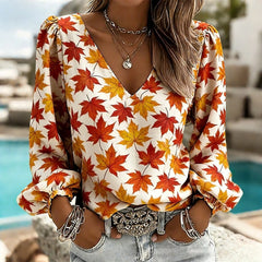 Women's V Neck Puff Sleeve Blouse Chic Blue Hydrangea Floral Print Lightweight Flowy Casual Top Breathable Vacation Office Shirt