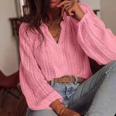 Women Autumn Blouses and Shirts Lace Hollow Out Long Sleeve V-neck Single Breasted Shirt Tops Blusas de mujer