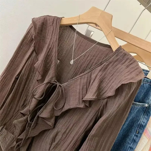 All-match Lace-Up Blouses for Women Spring 2025 Women Solid Long Sleeve V Neck Ruffle Shirt Office Casual Blouse Blusas Mujer